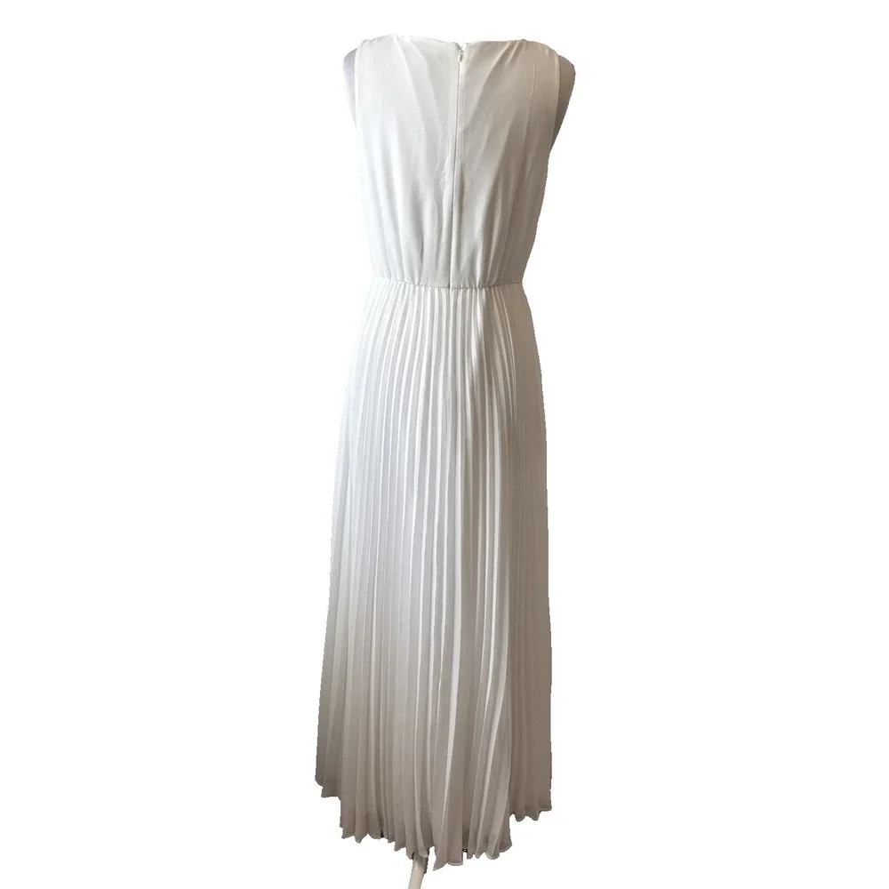 WHBM Old Money Coastal‎ White Pleated Chiffon Maxi Dress 10 Wedding Beach Chic